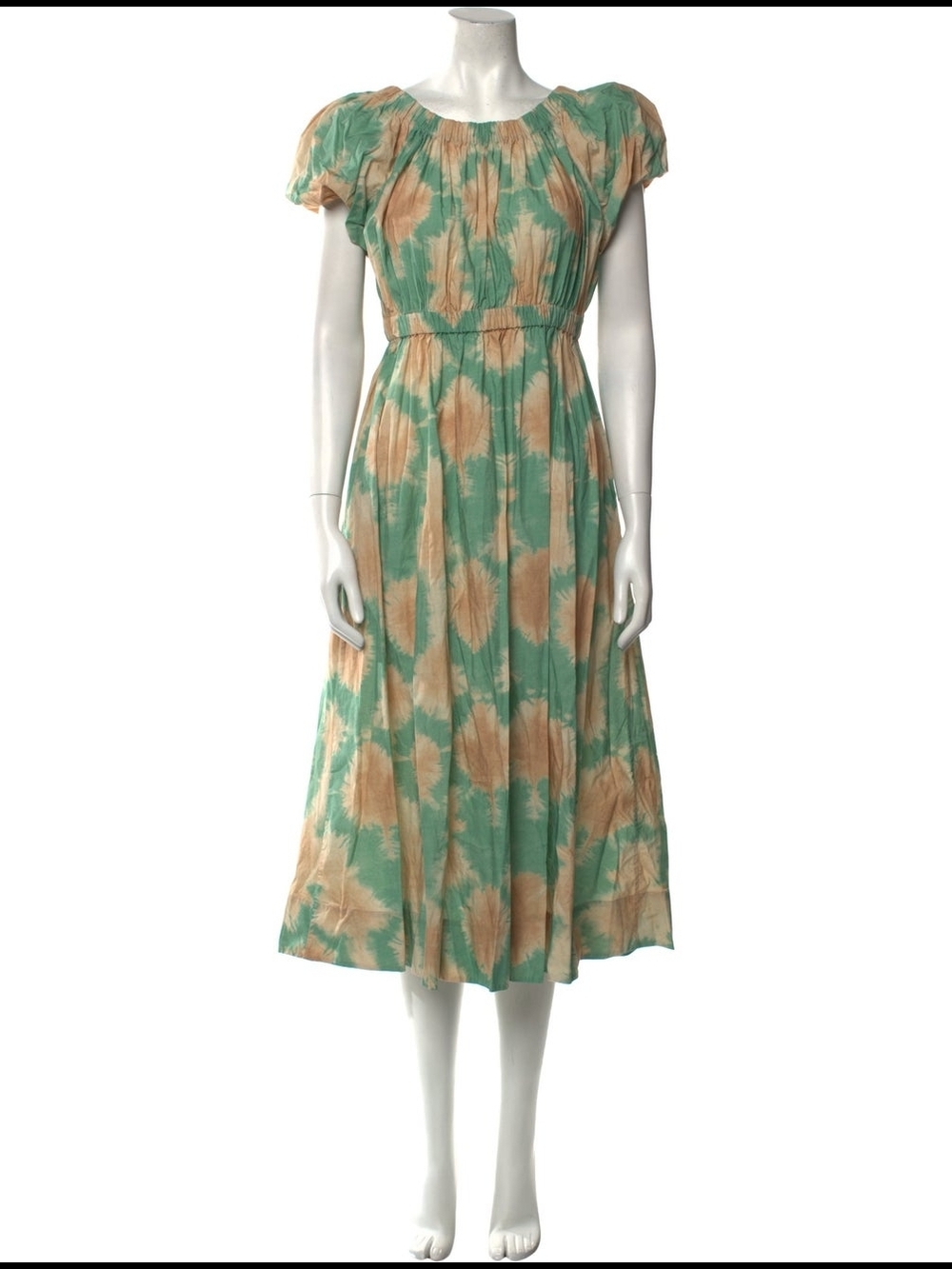 Ulla Johnson Green and Beige Tie-Dye Ikat Print Midi Dress